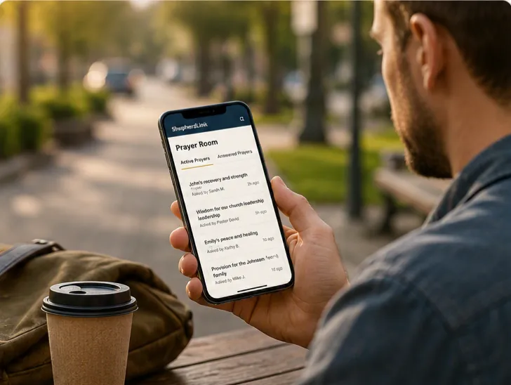 Person using the Prayer Wall on a phone while away from home