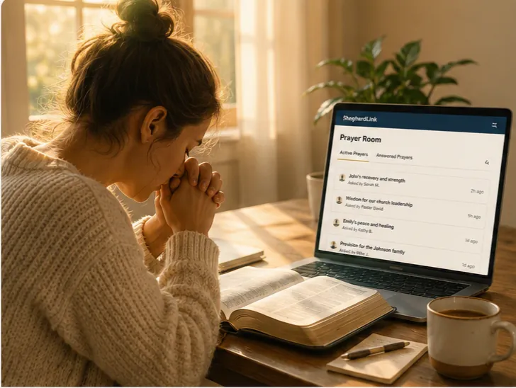 Person praying at home with the Prayer Wall open on a laptop